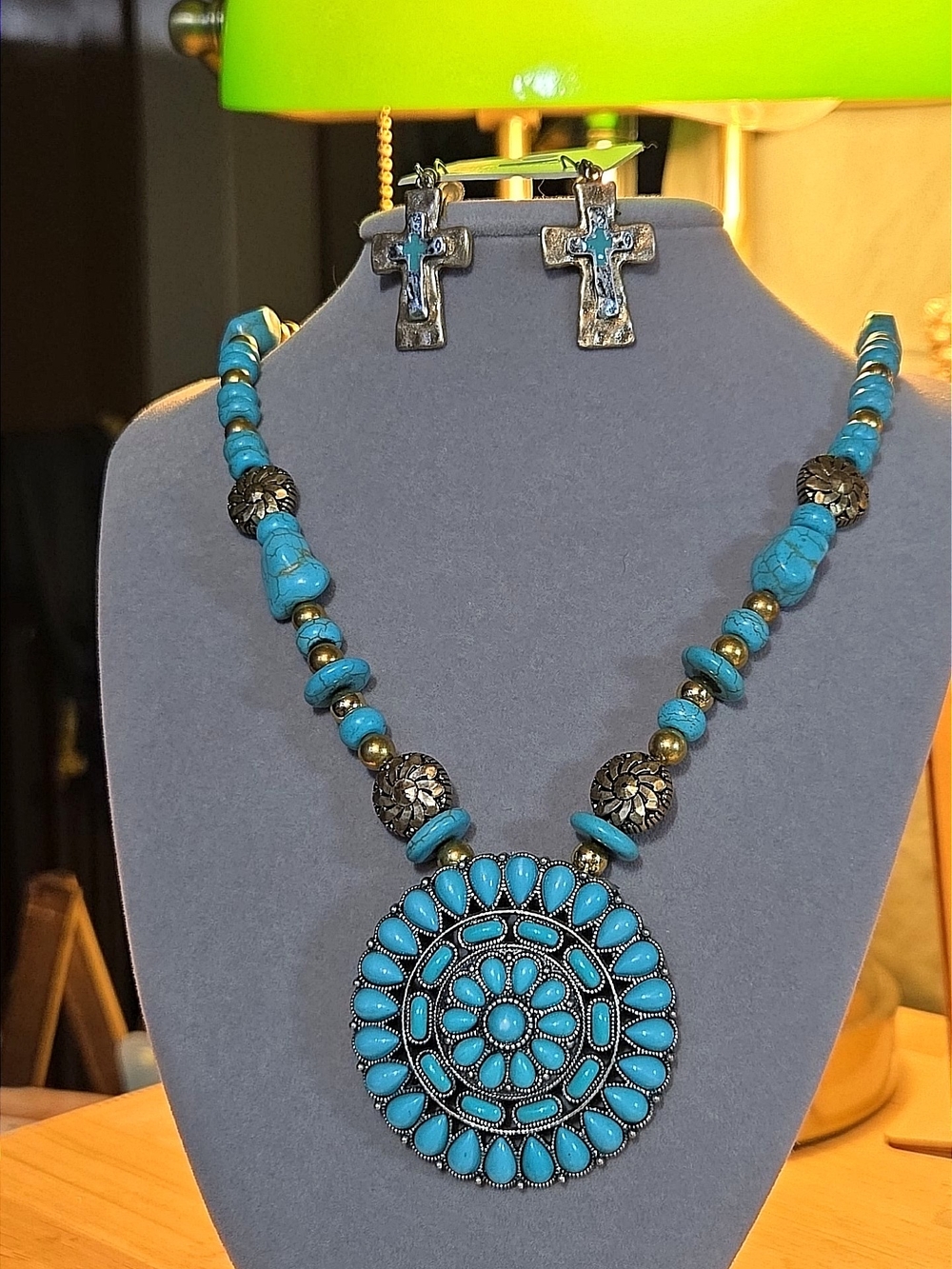 Turquoise Statement Pendant Necklace and Cross Earrings - Blue